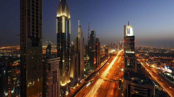 a city skyline at night